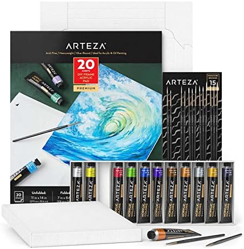 Arteza Metallic Acrylic Painting Art Set, 12 Colors Acrylic Paint, 15 Detail Brushes and 7x8.6 Inches Foldable Canvas Paper Pad Bundle, Art Supplies for Artists & Hobby Painters ARTEZA