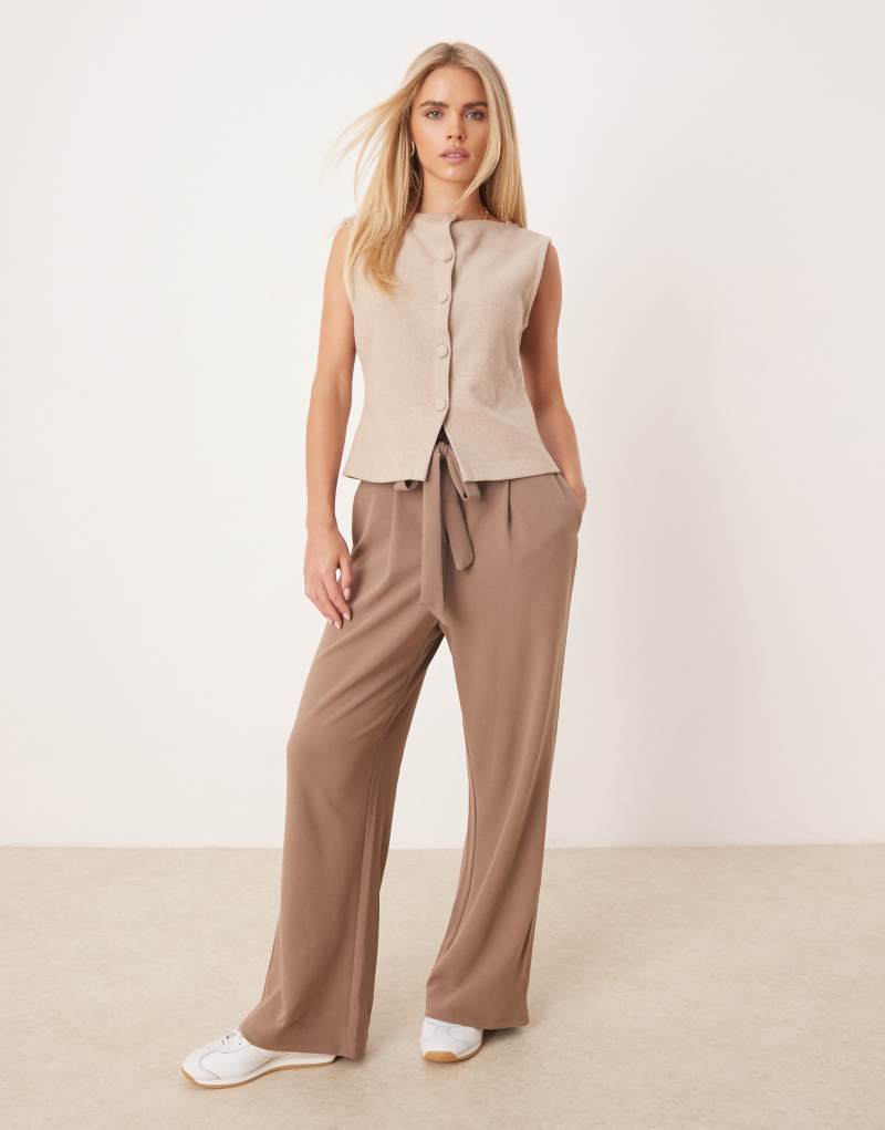 Vila Petite tie waist wide leg pants in fossil brown Vila Petite