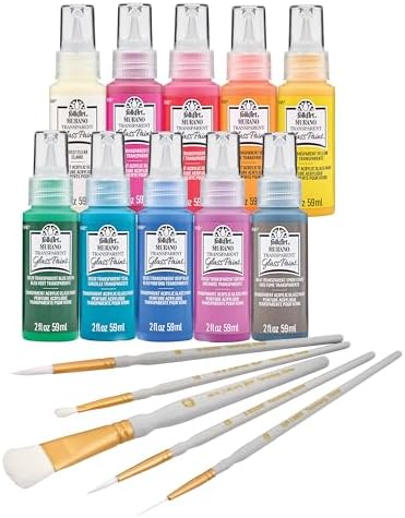 FolkArt Murano Acrylic Craft Paint Kit, 15 Piece Set Including 5 Brushes and 10 Transparent Colors, PROMOMG24 FolkArt