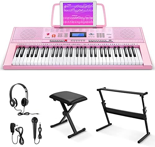 Eastar Electric Piano, 61 Keys Piano Keyboard for Beginners, Digital Piano with Luxury Package, Includes Stand, Bench, Music Stand, Headset, Microphone and Musical Note Stickers, Pink Eastar