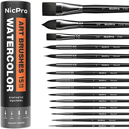 Nicpro 15PCS Watercolor Brushes Set, Artists Professional Watercolor Paint Brush, Soft Synthetic Squirrel Hair with Round, Flat, Dagger, Wash for Water Color, Gouache, Ink - with Holder & Bag Nicpro