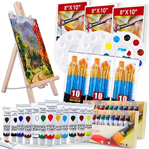 Acrylic Painting Set with 1 Wooden Easel 3 Canvas Panels30 pcs Nylon Hair Brushes 3 PCS Paint Plates and 2 PCS of 12ml Acrylic Paint for Acrylic Painting Artist Professional Kit ESRICH