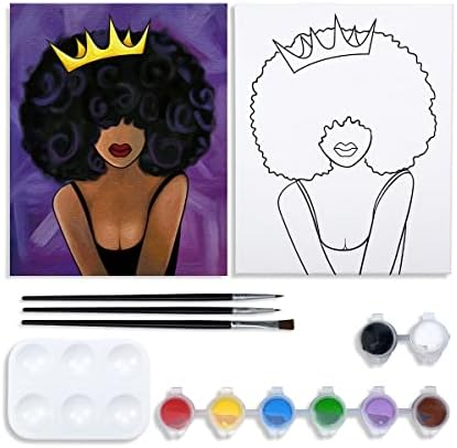 VOCHIC Canvas Painting Kit Pre Drawn Canvas for Painting for Adults Party Kits Paint and Sip Party Supplies 8x10 inch to Paint Afro Queen Girl Art Set VOCHIC