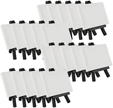 Creative Mark Ultra Mini White Stretched Canvas & Black Wood Easel for Small Paintings - 3x4 inch [20 Pack] Perfect to Paint or Displaying Small-Scale Arts and Crafts Creative Mark