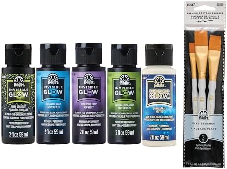 FolkArt Glow-in-The-Dark Ultimate Acrylic Paint Kit, 8 Piece Set Including 3 Premium Flat Brushes FolkArt