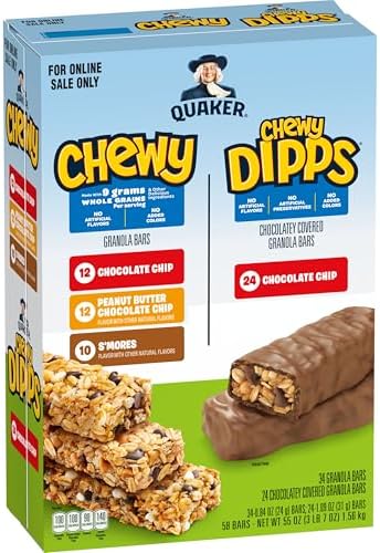 Quaker Chewy Granola Bars, Chewy & Dipps 4 Flavor Variety Pack, 58 Pack, Chocolate Chip, Peanut Butter Chocolate Chip, Smores flavors Quaker