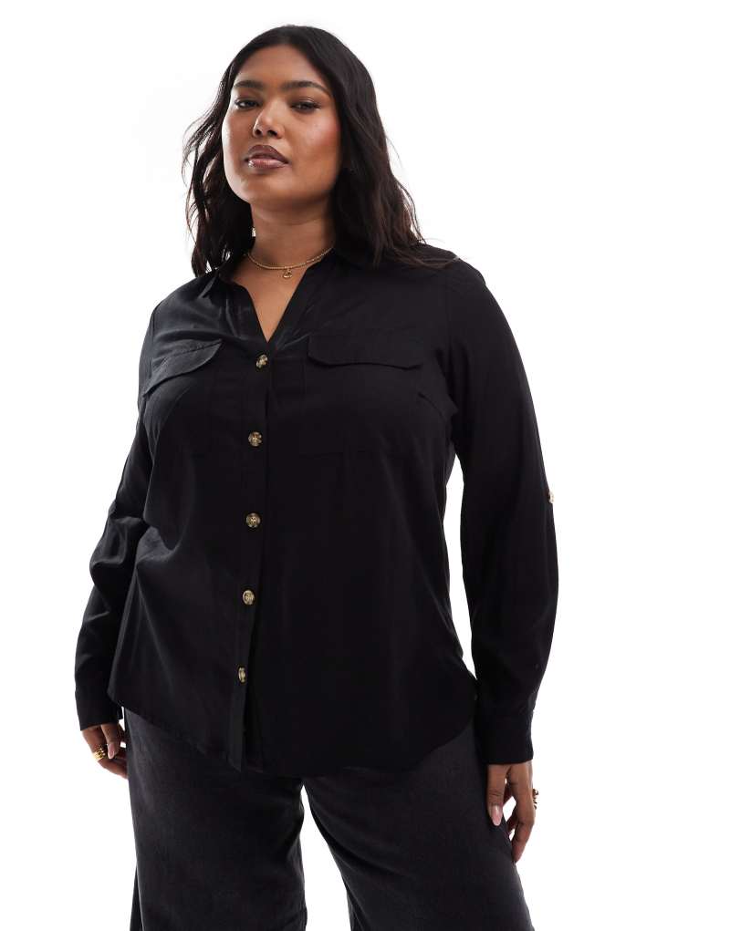 Vero Moda Curve button down shirt with pocket detail in black Vero Moda