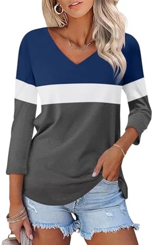 Women's V Neck 3/4 Sleeve Tops Color Block/Solid Shirts Basic Summer Tees Ticticmiss