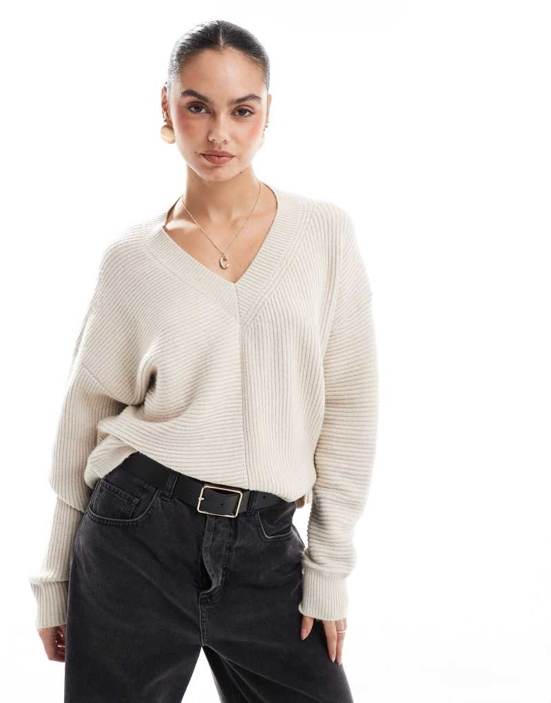 French Connection v neck sweater with stitch detail in oatmeal  French Connection