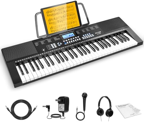 61 Key Piano Keyboard, Beginners Electric Piano Keyboard with 350 Tones, 350 Rhythms, 30 Demos, 3 Teaching Modes, LCD, Headphones, Music Rest, Microphone, Ideal for Kids, Black EYTSE