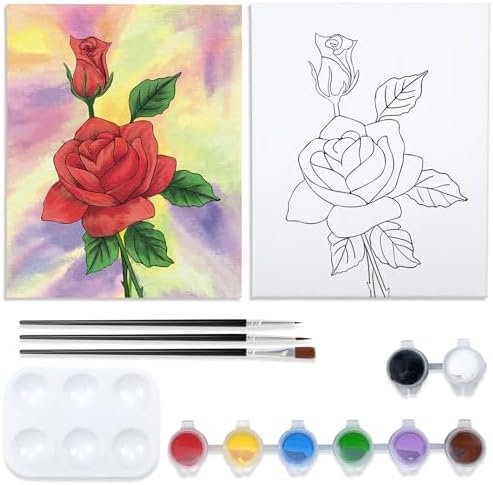 VOCHIC Paint and Sip Kit, Rose Pre Drawn Canvas Painting Kit for Adults Kid Painting Twist Party Supplies for Beginner Gift Favor, 8 Acrylic Colors, 3 Brushes,1 Pallet,1 Image Art Craft Set(8x10) VOCHIC