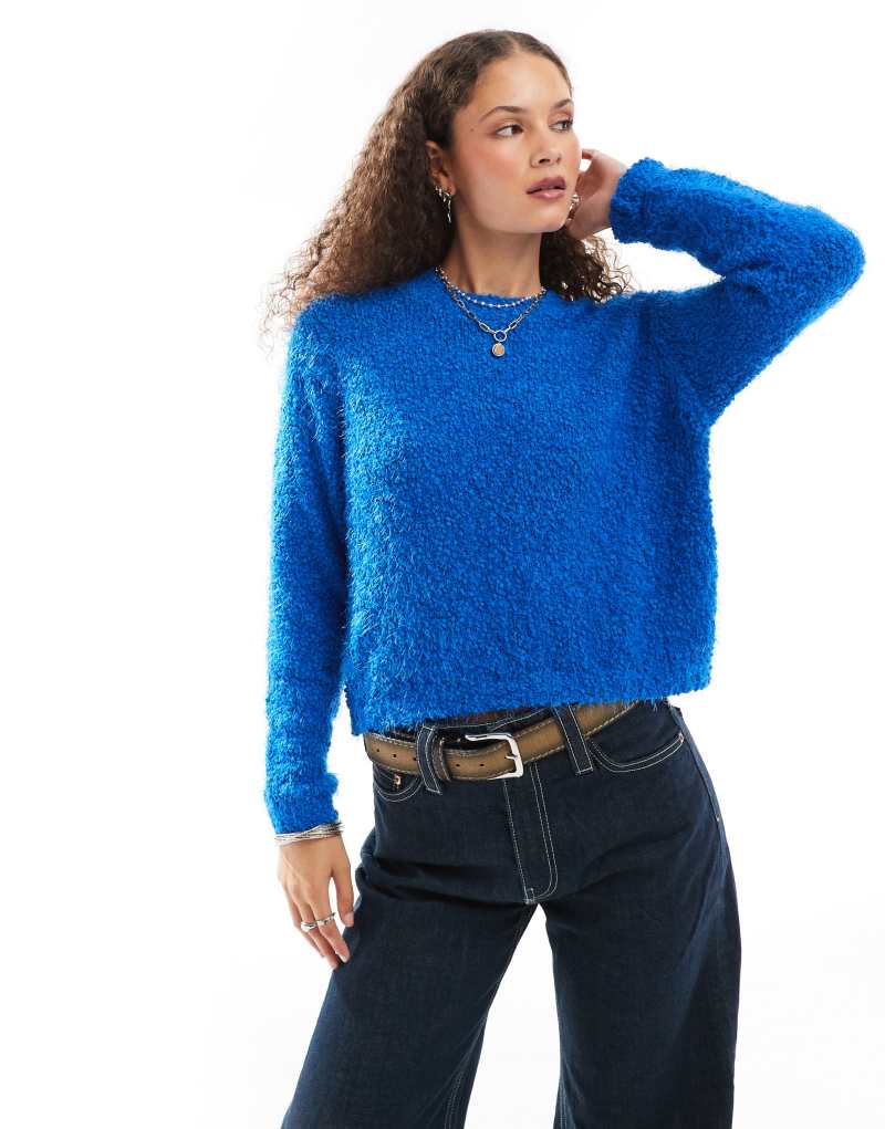 Noisy May crew neck fuzzy knit sweater in blue Noisy May