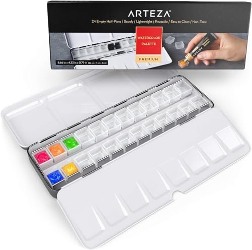 ARTEZA Empty Watercolor Palette Tin, 24 Half Pans, Customizable Portable Empty Half Pans for Watercolor Paints ARTEZA