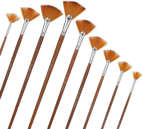 Artist Fan Paint Brush Set of 9 Fan Paint Brushes Soft Anti-Shedding Nylon Hair Long Wood Handle Painting Brush Comfortable Holding Artist Acrylic Paint Brushes for Watercolor Oil Gouche Painting Thinp