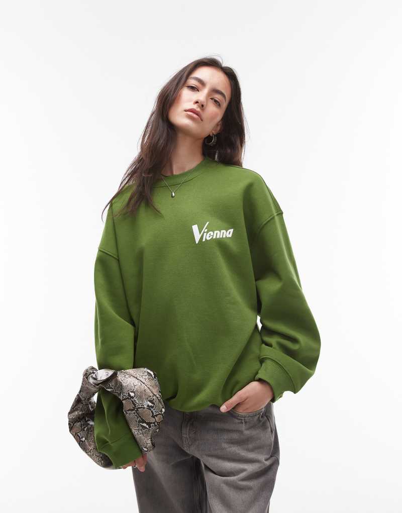 Topshop slogan Vienna oversized sweatshirt in dark green Topshop