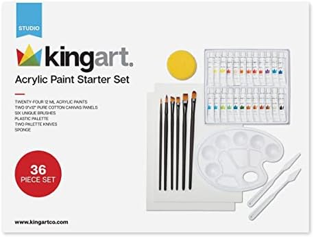 KINGART Acrylic Paint Starter Art Set, 24 Paints, Cotton Canvas, Brushes, Plastic Palette, Mixing Palette Knife, Sponge, Beginner/Student, 36 pc. Kingart