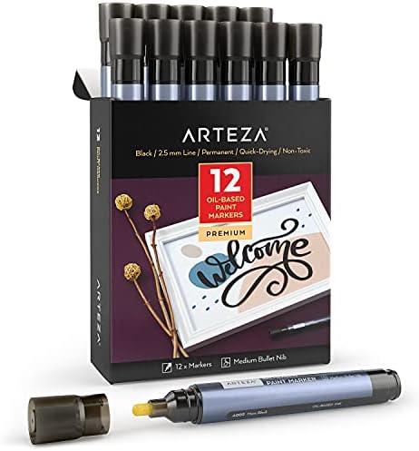 ARTEZA Oil Based Paint Markers, 12-Pack, Black, 2.5 mm Permanent Pens, Waterproof Craft and Art Supplies for Stone, Wood, Glass, Metal, Canvas, Paper ARTEZA