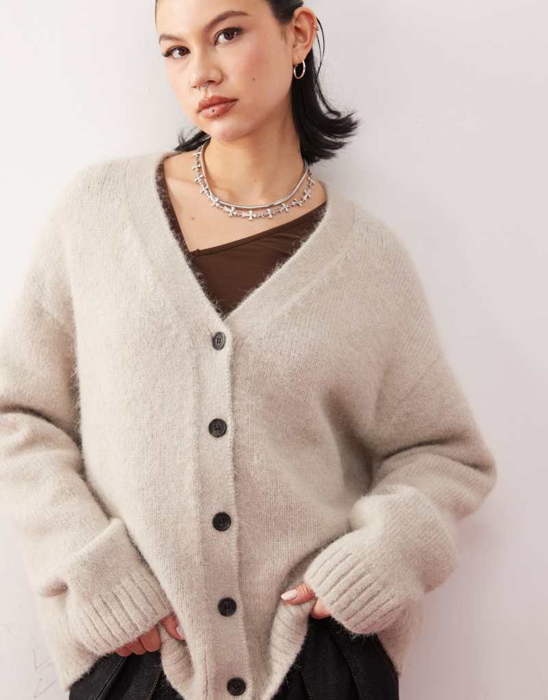 Weekday Emira fluffy knit slouchy cardigan in beige melange Weekday