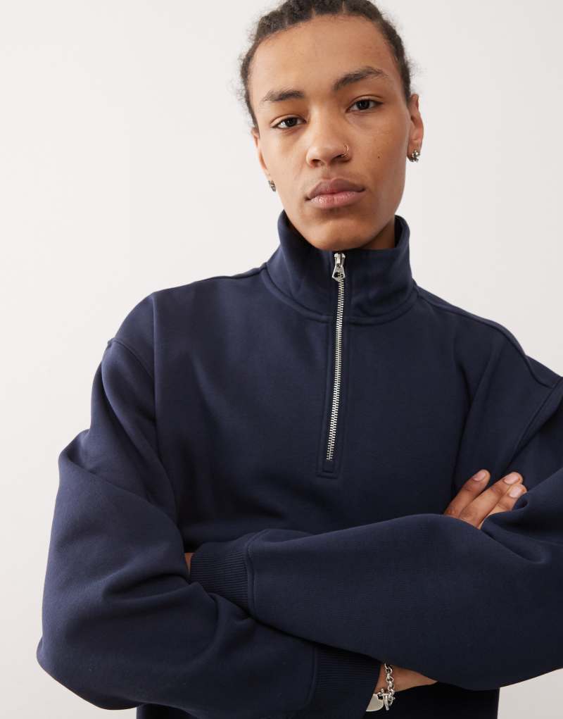 Weekday oversized heavy weight jersey half zip sweatshirt in navy Weekday