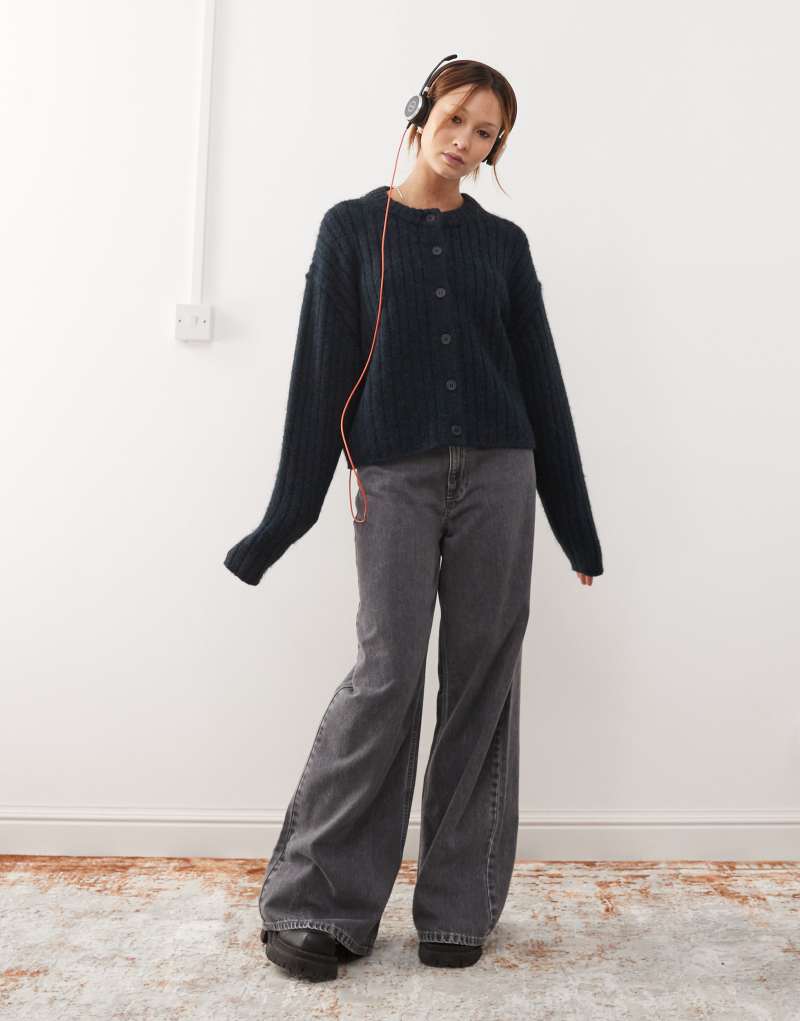 Weekday Alika chunky wool blend cardigan in navy melange Weekday