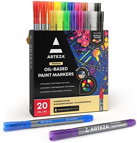 ARTEZA Oil Based Paint Markers, 20-Pack, 18 Unique Colors, 1.3 mm Line, Small Barrel, Permanent Pens, Art Supplies for Stone, Wood, Glass, Canvas ARTEZA