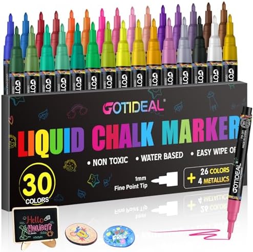 GOTIDEAL Liquid Chalk Markers, Fine Tip Chalk Markers for Blackboard, Erasable Chalk Pen for Chalk Board Window Glass and Acrylic Calendar 1mm 30 Colors GOTIDEAL