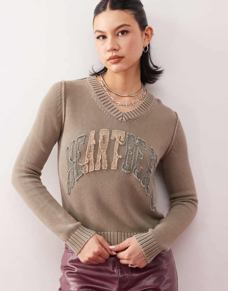 Weekday Inde v neck sweater with heartbeat applique in dark beige Weekday