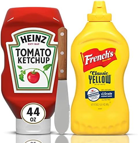 Heinz Tomato Ketchup 44 OZ and French's Yellow Mustard 30 OZ set, With Tulipani Spreader - Gluten Free Tulipani