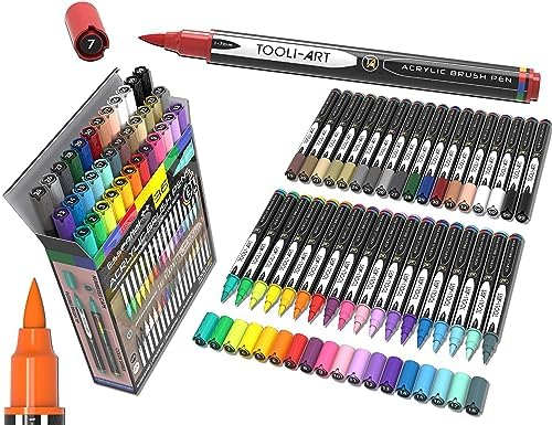 36 Flexible Brush Tip Acrylic Paint Pens Markers Set 1-7mm Line for Rock Painting, Brush Lettering, Scrapbooking, Glass, Mugs, Wood, Metal, Canvas, Fabric, Plastic. Non Toxic Waterbased Quick Drying TOOLI-ART