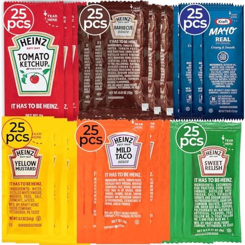 Condiment Packets Variety Pack Bundle - 150 Individual Condiment Packets for Heinz Lovers, 25 Single Serve Packs of Each: Mustard, Mayo, Sweet Relish, Mild Taco, Barbecue Sauce and Ketchup Packets Zeust