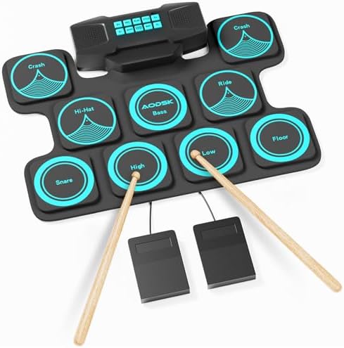 AODSK Electronic Drum Set,9 Electric Drum Practice Pad with Headphone Jack,Roll-up Drum Pad Machine Built-in Speaker Drum Pedals Drum Sticks,Great Holiday Xmas Birthday Gift (Dual Speakers) AODSK