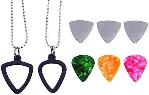 2 Set Guitar Pick Holder Necklace with 3pcs Stainless Steel Picks 3 Colorful Celluloid Pick for Electric Guitar Bass Ukulele Guitarists Picks Storage Necklace TUOREN