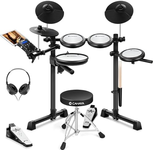 CAHAYA Electric Drum Set Beginner - Drum Kit for Adults Kids 350 Sounds with 4 Quiet Mesh Pads Electric Drums with Headphones 2 Pedals 2 Drumsticks Drum Throne CAHAYA