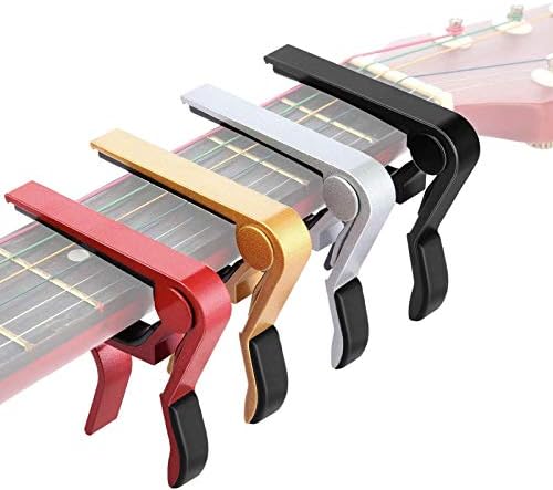 Mudder 4 Pcs Guitar Capo Aluminum Metal Universal, Acoustic and Classical Electric Guitars, Bass, Banjo, Violin, Mandolin, Ukulele All Types Lightweight String Instrument (Black, Red, Silver, Gold) Mudder