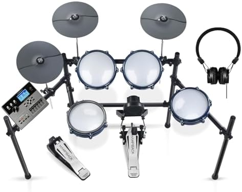 ACE-307 Electric Drum Sets for Beginner with Quite Electronic Drum Mesh Pads, 2 Cymbals w/Choke, 52+20 Drum Kits and 918 Sounds, USB MIDI, Recording Function(5 Pads, 3 Cymbals) HAMPBACK