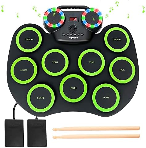 Electronic Drum Set, 9 Drum Pads, Roll up Electric Drum Set with Headphone Jack, Built-in Dual Speaker, Drum Stick, Foot Pedals, Best Gift for Christmas Holiday Birthday Ingbelle