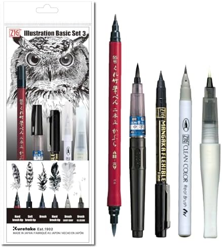 Kuretake Zig Inktober Black & White Ultra Fine Set, ai Liner Brush pen and White Brush pen set, Flexible Brush Tip, Professional Artist for, Illustration, Lettering, Drawing, Calligraphy Kuretake