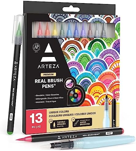 ARTEZA Real Brush Pens, Set of 12, Bright Tones, Blendable Watercolor Markers and 1 Water Brush, Art Supplies for School, Home, and Office ARTEZA