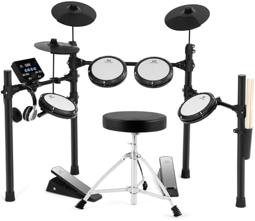 MUSTAR Electronic Drum Set, 10 Piece Electric Drum Set with 450 Sounds, Quiet Mesh Drum Pads, 2 Cymbals w/Choke, Kick Drum, 2 Pedals, Headphones, Sticks, USB MIDI (4 Pads & 3 Cymbals & Stool) MUSTAR