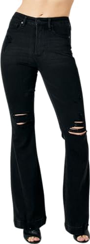 Judy Blue Women's High-Rise Tummy Control Destroy Black Flare Jeans 88622 (Black, 16 Plus) Judy Blue