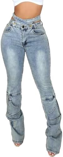 Vakkest Sexy High Waisted Skinny Jeans for Women Bodycon Crossover Stretchy Denim Cargo Pants Streetwear with Pockets Vakkest