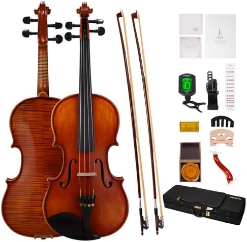 PHOENIX Violin 4/4 Full Size Set, Fiddle Solid Wood for professional Beginners Adults with Rosewood Bow Extra strings & Bridge,Rosins, Tuner, Mute, Case (Black, Full) Phoenix