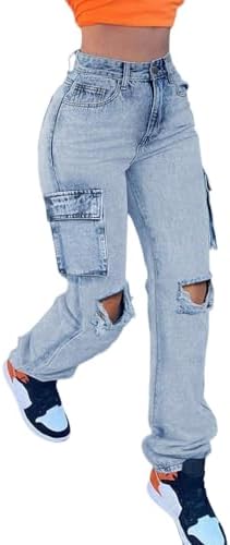 Women's High Waisted Ripped Boyfriend Cargo Jeans Distressed Denim Pants with Flap Pockets EZAPINE