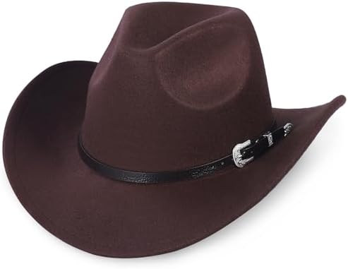 Western Cowboy Hat for Men Women Classic Wide Brim Roll Up Fedora Hat with Buckle Belt NOIRUC-CZ