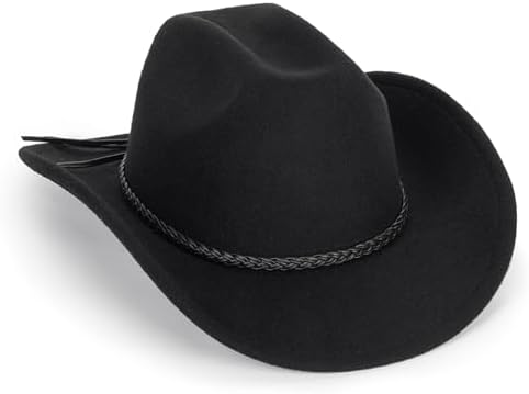 Vintage Western Cowboy Hat for Men Women - Wide Brim Cowgirl Fedora Hats with Braided Rope Band M Vikodah