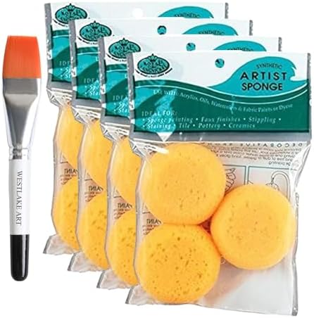 Synthetic Artist Sponges, 3 Count-Versatile Foam Paint Sponges for Acrylic, Oil, Watercolor | Bundled with Watercolor Paint Brush-Circular Paint Sponge (Pack of 4) Westlake art