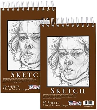 U.S. Art Supply 5.5" x 8.5" Top Spiral Bound Sketch Book Pad, Pack of 2, 30 Sheets Each, 90lb (160gsm) - Acid-Free Heavyweight Paper, Artist Sketching Drawing Pad - Pencils, Charcoal - Adults, Student U.S. Art Supply