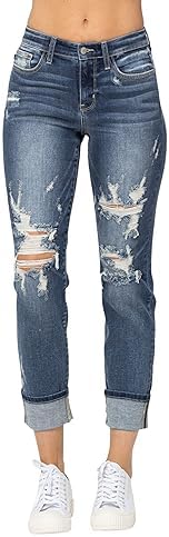 Judy Blue Women's Mid-Rise Cuffed Destroy Boyfriend Jeans (Medium Blue, 15) Judy Blue