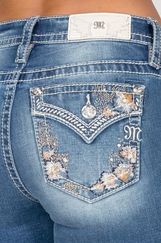 Miss Me Women's Mid Rise Capri Jeans, Faux Flap Pockets with Floral Embroidery, Cropped Stretch Denim Pants Miss Me