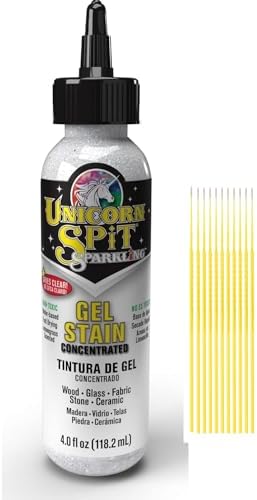 Unicorn SPiT Gel Stain and Glaze, Sparkling Iced Egret, 4 oz - Water-Based and Non-Toxic - Wood, Glass, Fabric, Stone, and Ceramic - with Trebbies Detail Sticks Trebbies